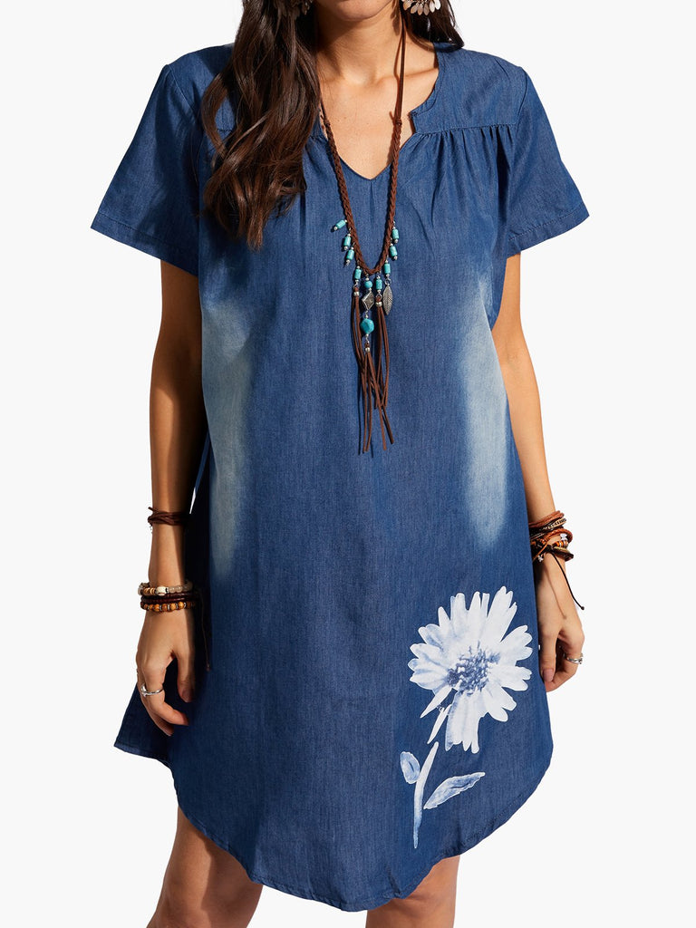 Plus Size Vintage V Neck Short Sleeve Short Dress