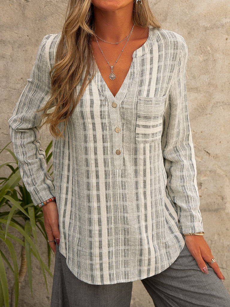 Linen V Neck Long Sleeve Classical Geometry Loose Regular Blouse