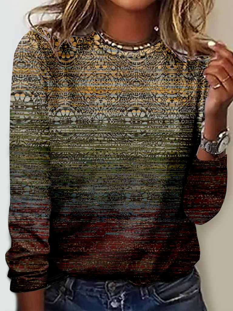 Loose Crew Neck Long Sleeve Ethnic Vintage Regular T-Shirt
