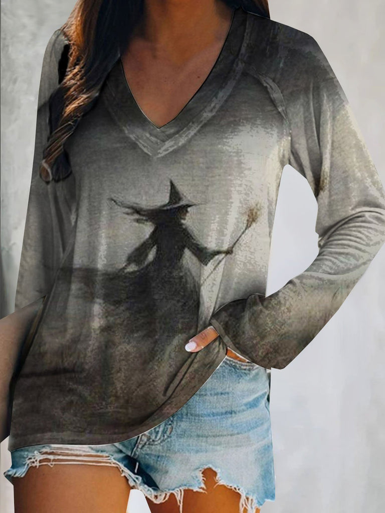 Casual V Neck Long Sleeve Halloween Fashion Mid-Long T-Shirt