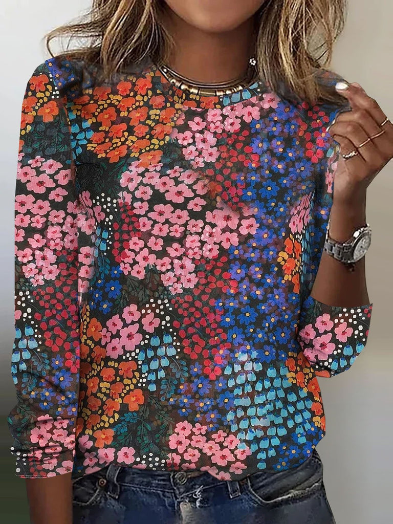 Fashion Crew Neck Long Sleeve Floral Casual Regular T-Shirt