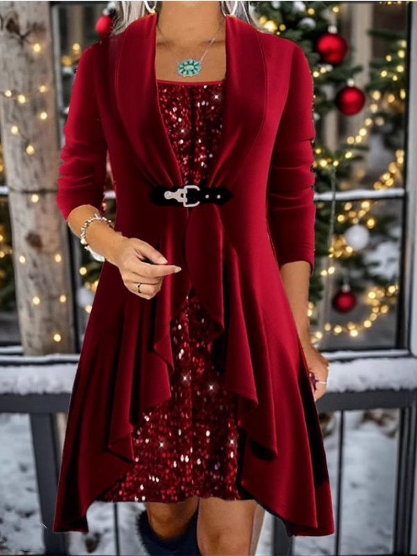 Fashion Crew Neck Long Sleeve Christmas Short Dress
