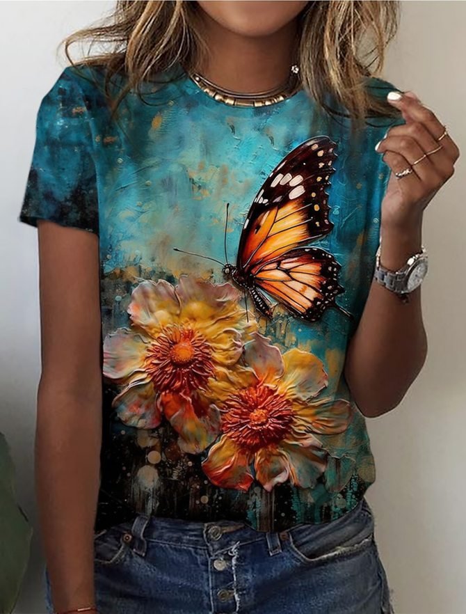 Casual Short Sleeve Crew Neck Floral Butterfly Fashion Regular T-Shirt