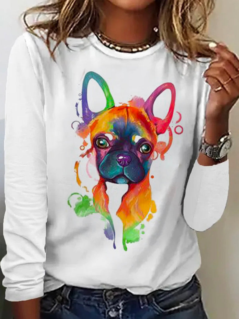 Casual Crew Neck Long Sleeve Dog Fashion Regular T-Shirt