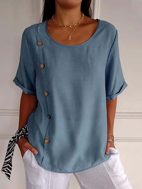 Fashion Short Sleeve Crew Neck Plain Loose Regular Blouse