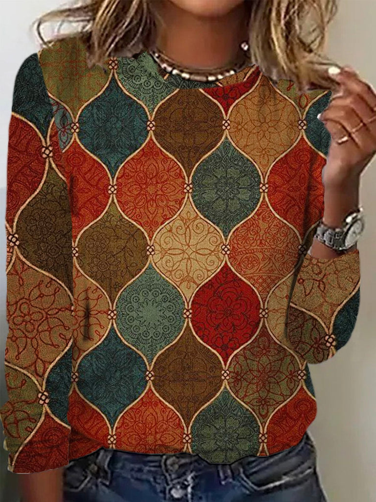 Casual Crew Neck Long Sleeve Geometric Regular T-Shirt
