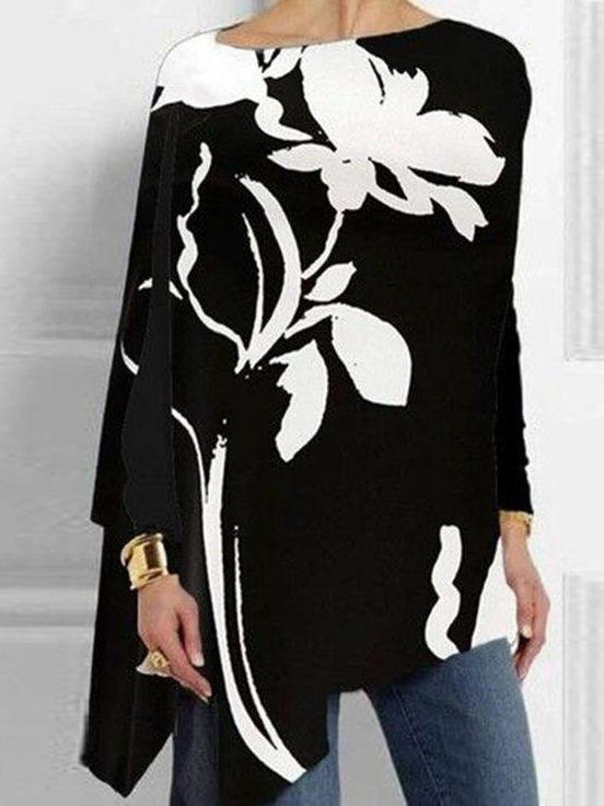 Loose Crew Neck Long Sleeve Abstract Floral Fashion Mid-Long Blouses