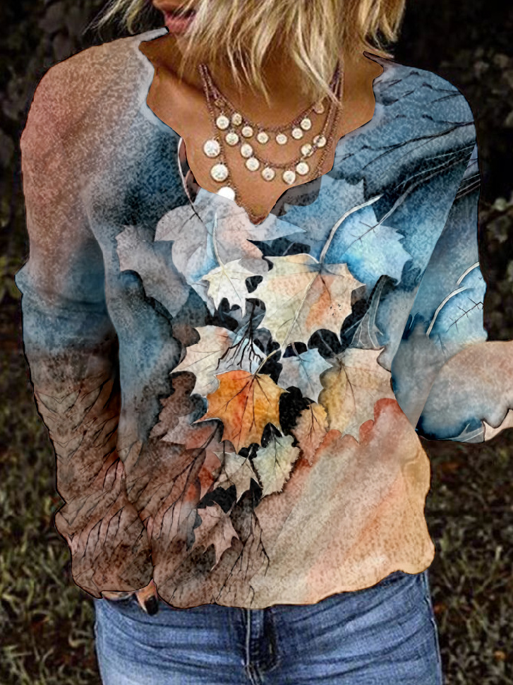 Fashion V Neck Long Sleeve Floral Loose Regular Blouse