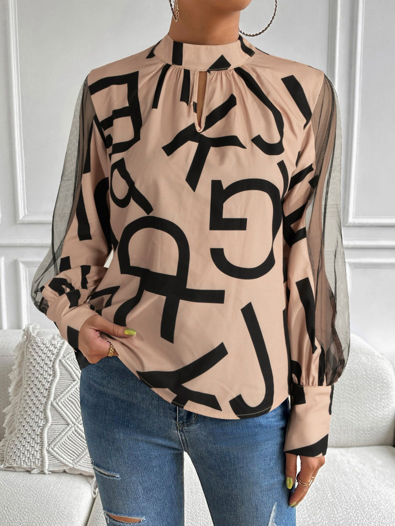 Long Sleeve Stand Collar Abstract Fashion Regular Blouse