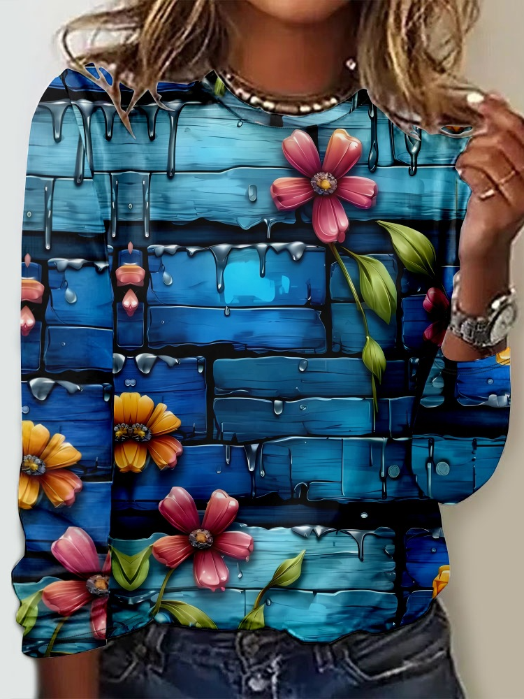 Fashion Crew Neck Long Sleeve Floral Casual Regular T-Shirt