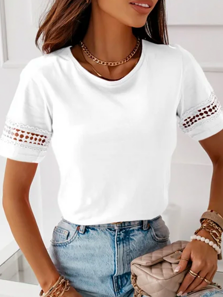 Fashion Short Sleeve Crew Neck Plain Loose Regular Blouse
