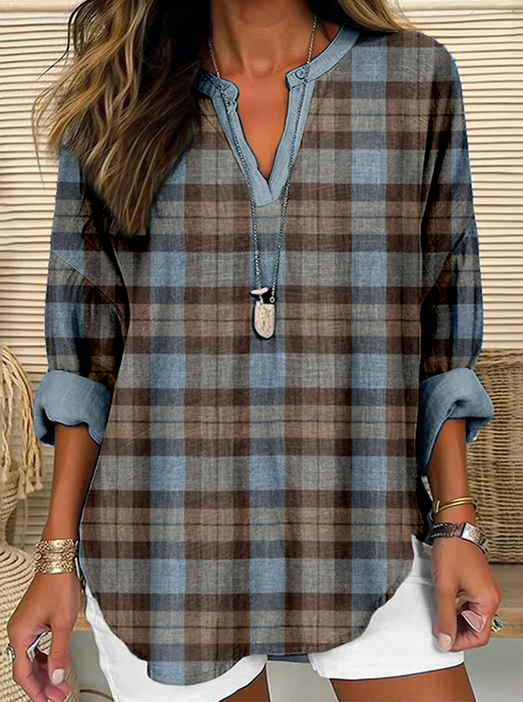 Fashion V Neck Long Sleeve Plaid Regular Shirt