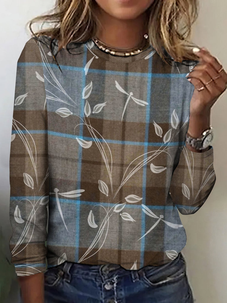 Vintage Crew Neck Long Sleeve Plaid Regular T-Shirt