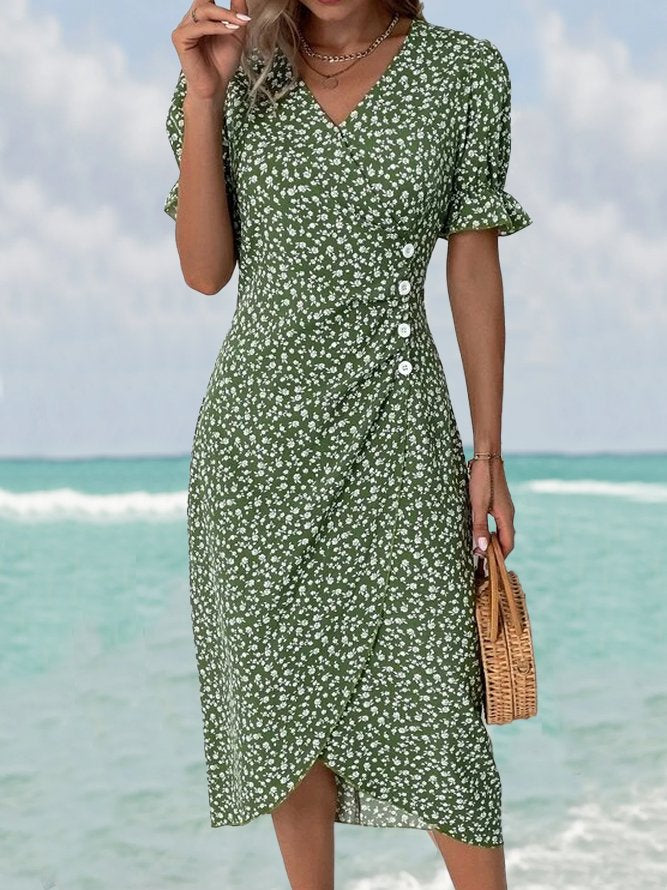 Vacation V Neck Short Sleeve Floral Pattern Midi Dress