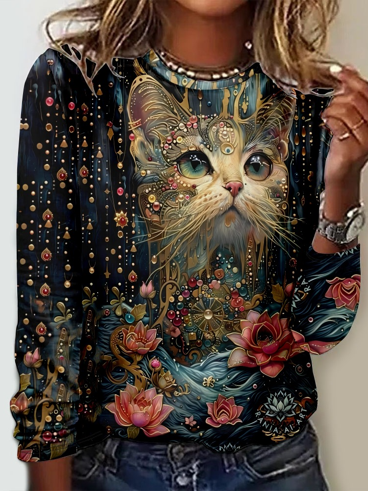 Casual Crew Neck Long Sleeve Floral Cat Fashion Regular T-Shirt