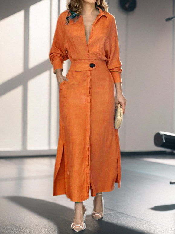 Fashion Long Sleeve Shawl Collar Plain Maxi Dress