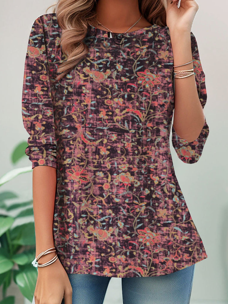 Casual Crew Neck Long Sleeve Floral Fashion Regular T-Shirt