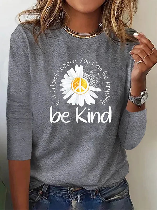 Loose Crew Neck Long Sleeve Daisy Fashion Regular T-Shirt