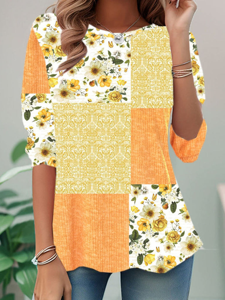 Fashion Crew Neck Long Sleeve Daisy Casual Regular T-Shirt