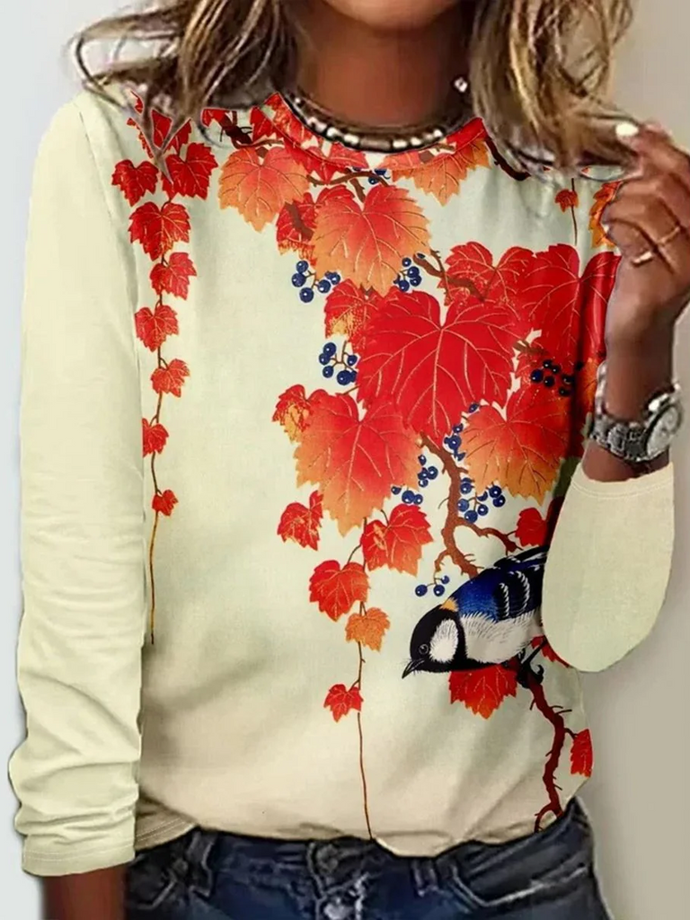 Fashion Crew Neck Long Sleeve Floral Casual Regular T-Shirt