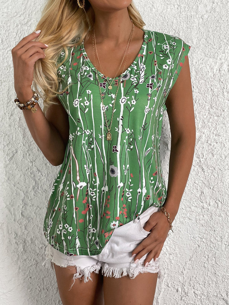 Loose Cap Sleeve V Neck Floral Fashion Regular T-Shirt
