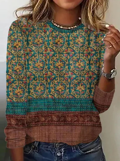 Fashion Crew Neck Long Sleeve Ethnic Casual Regular T-Shirt