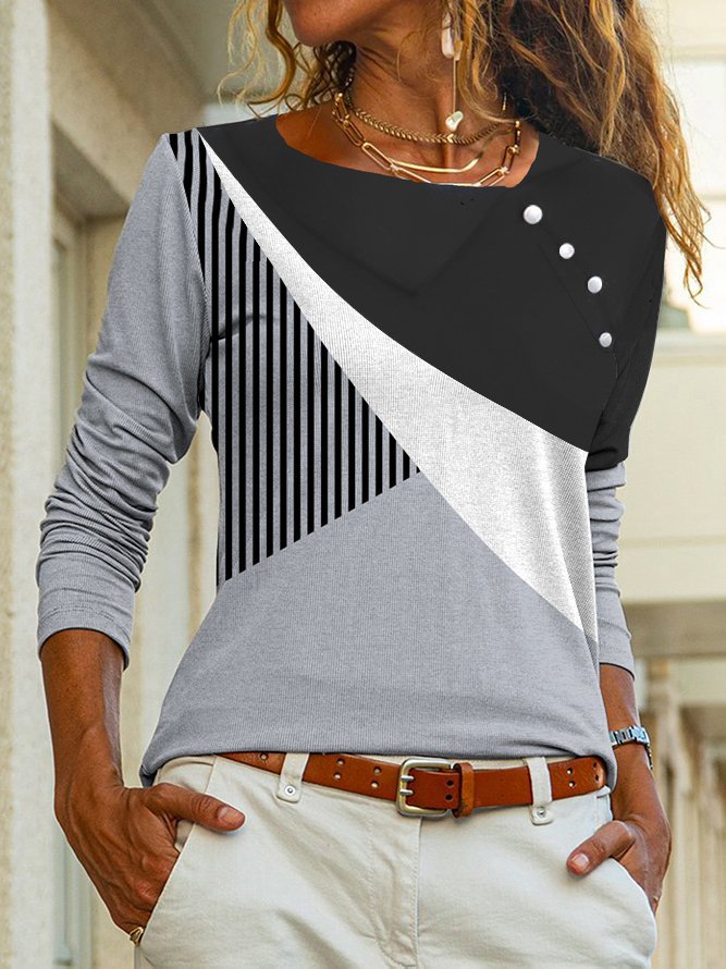 Fashion Long Sleeve Color Block Loose Regular Blouse