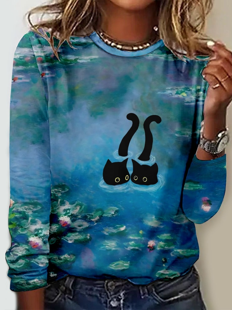 Fashion Crew Neck Long Sleeve Cat Regular Blouses