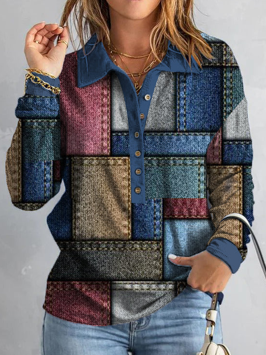 Long Sleeve Shawl Collar Abstract Graphic Fashion Regular T-Shirt