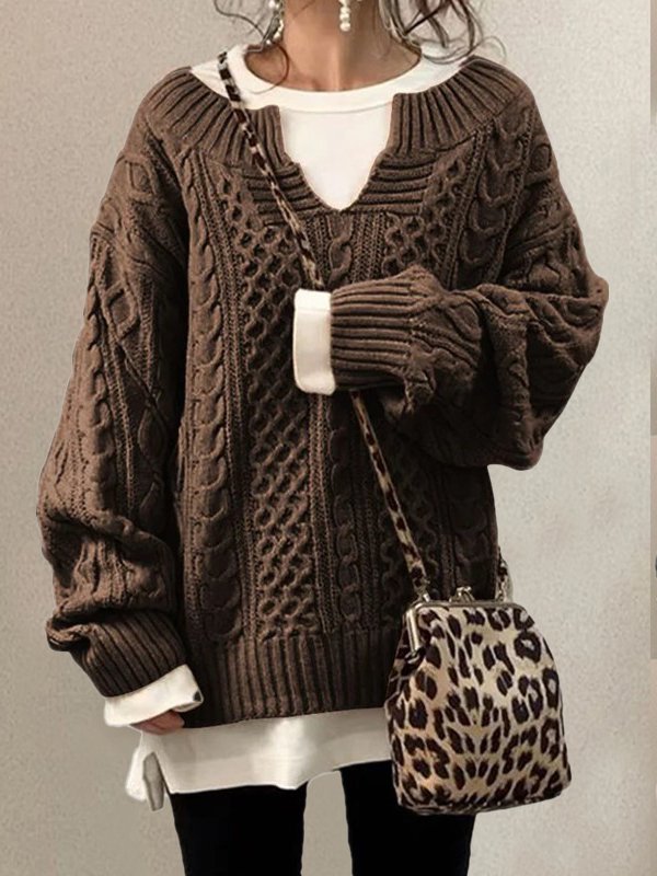 Loose Long Sleeve Notched Plain Fashion Mid-Long Sweater