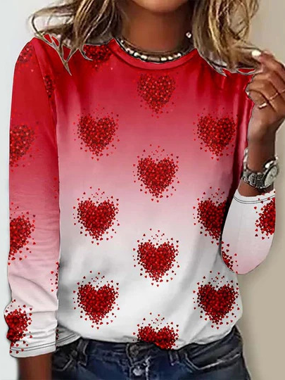 Fashion Crew Neck Long Sleeve Heart/Cordate Casual Regular T-Shirt