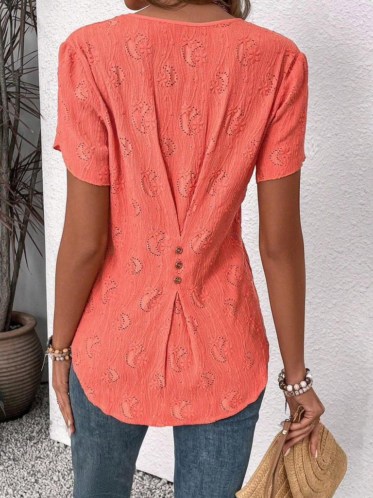 Loose Short Sleeve Notched Plain Simple Regular Blouse