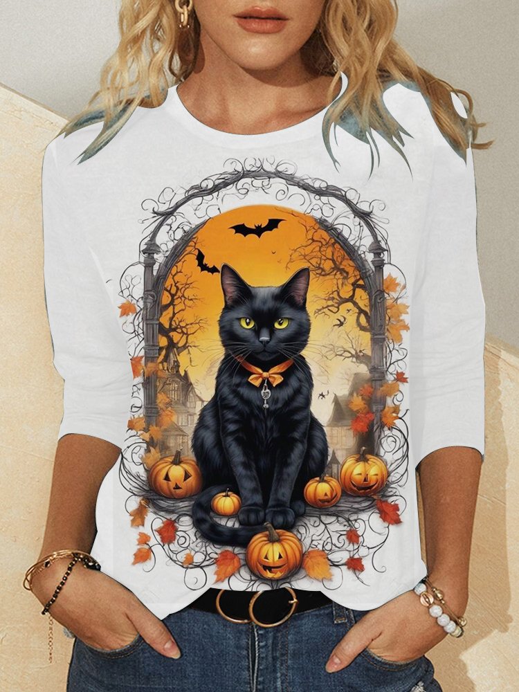 Vintage Crew Neck Long Sleeve Cat Loose Regular Blouse