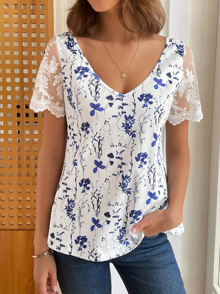 Fashion V Neck Short Sleeve Floral Loose Mid-Long Blouse