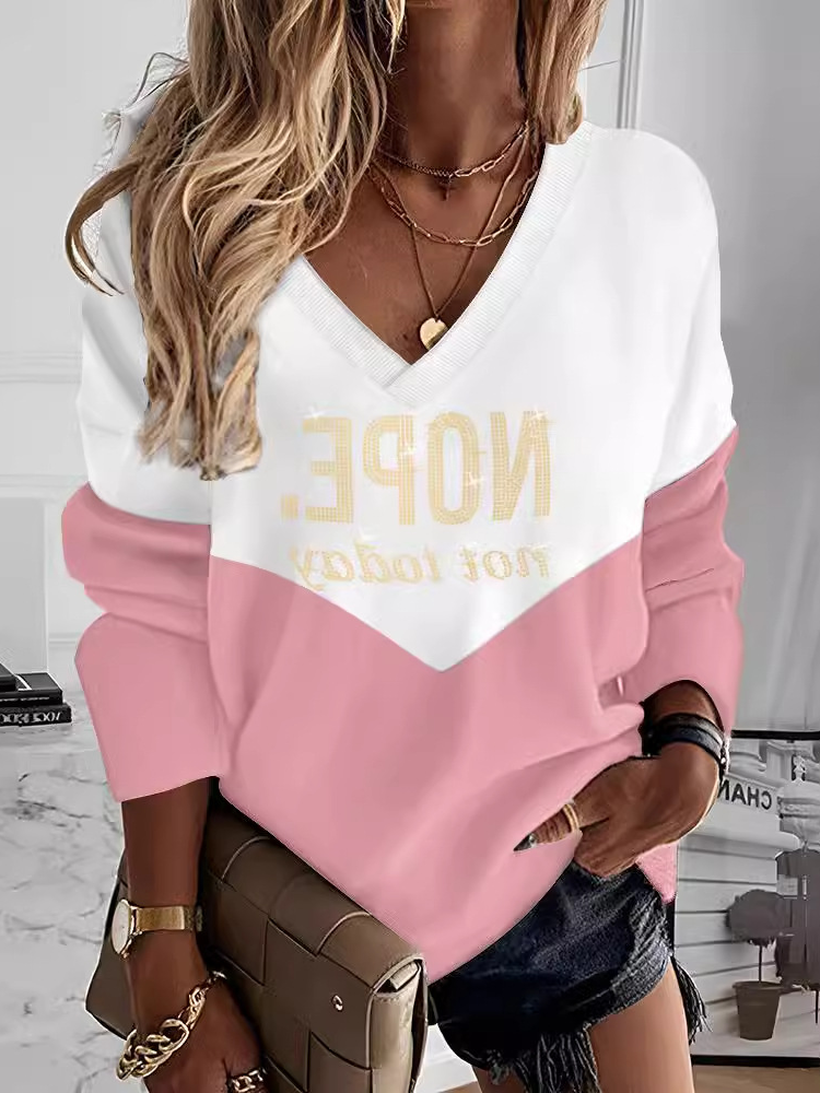 Loose V Neck Long Sleeve Color Block Fashion Regular Sweatshirt