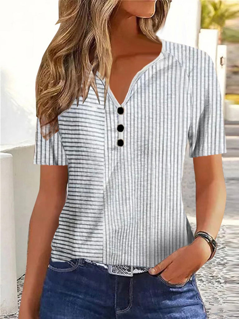 Fashion V Neck Short Sleeve Striped Loose Regular Blouse