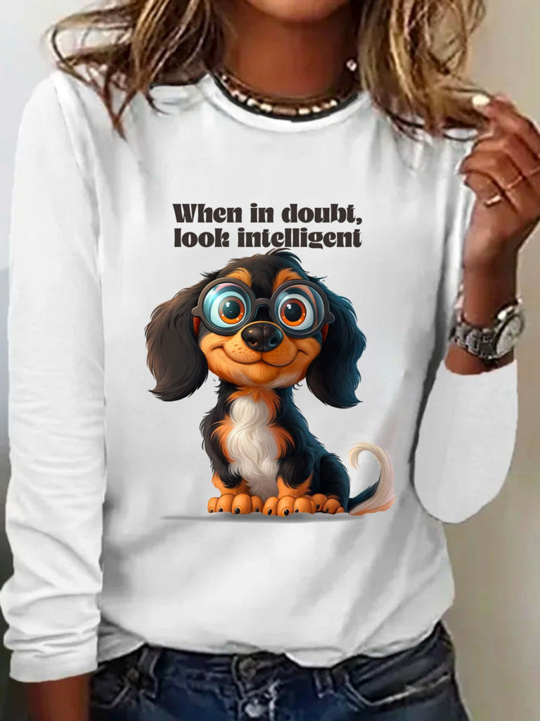 Fashion Crew Neck Long Sleeve Text Letters Loose Regular T-Shirt