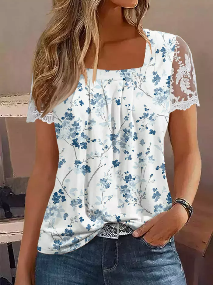 Fashion Short Sleeve Square Neck Floral Casual Regular Blouses