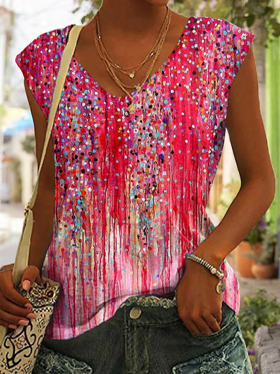 Fashion V Neck Sleeveless Floral Loose Regular Tank Top