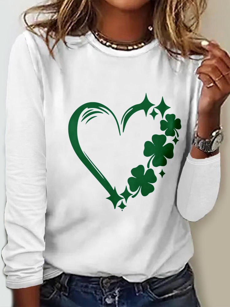Casual Crew Neck Long Sleeve Four-Leaf Clover Fashion Regular T-Shirt
