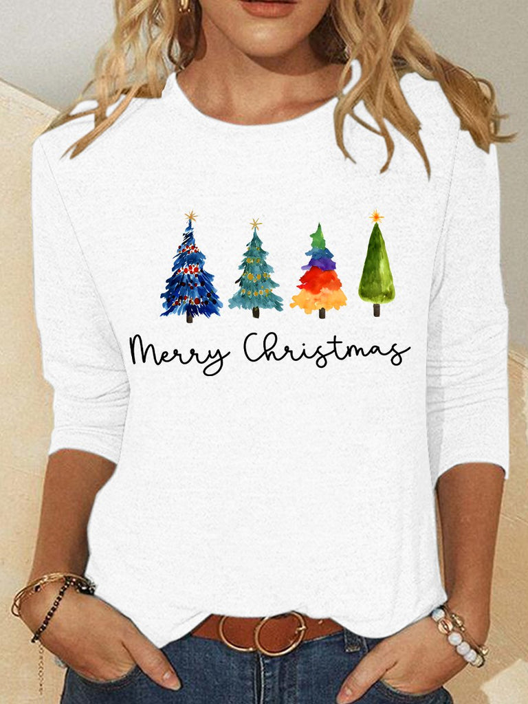 Fashion Crew Neck Long Sleeve Christmas Tree Loose Regular Blouses