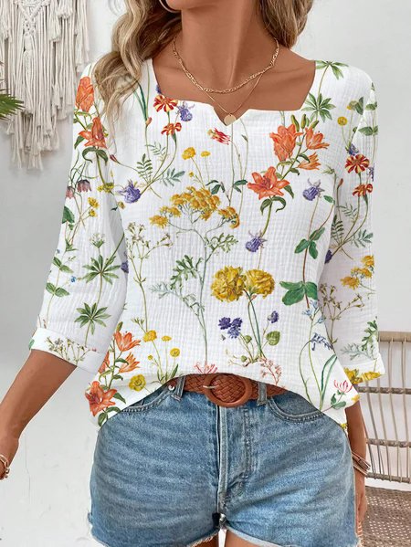 Loose 3/4 Sleeve Notched Floral Fashion Regular Blouse