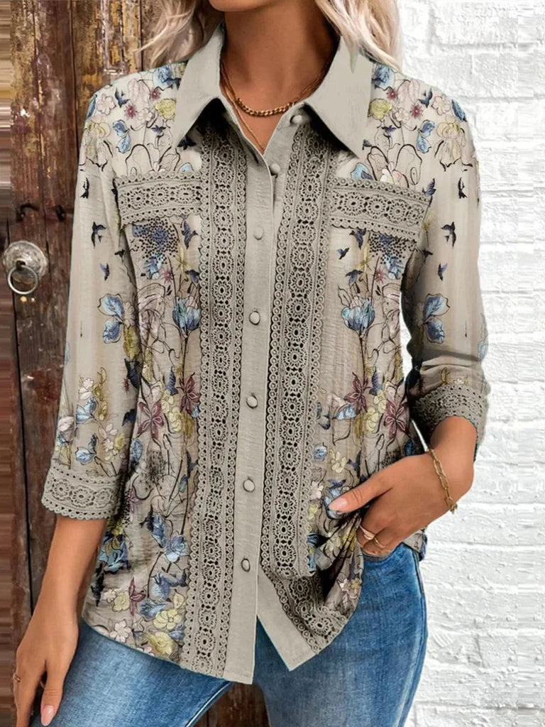 Fashion 3/4 Sleeve Shirt Collar Floral Loose Regular Blouse