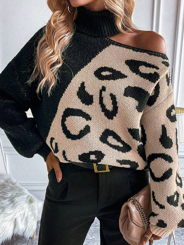 Fashion Long Sleeve Turtleneck Color Block Loose Regular Sweater