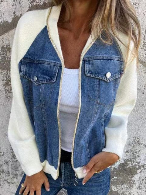 Loose Shawl Collar Long Sleeve Contrast Stitching Zipper Fashion Regular Jacket