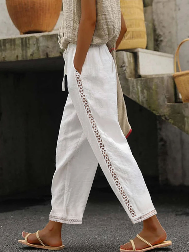 Fashion Plain Split Joint Hollow Out Lace-Up Hollow Out Loose Long Pants