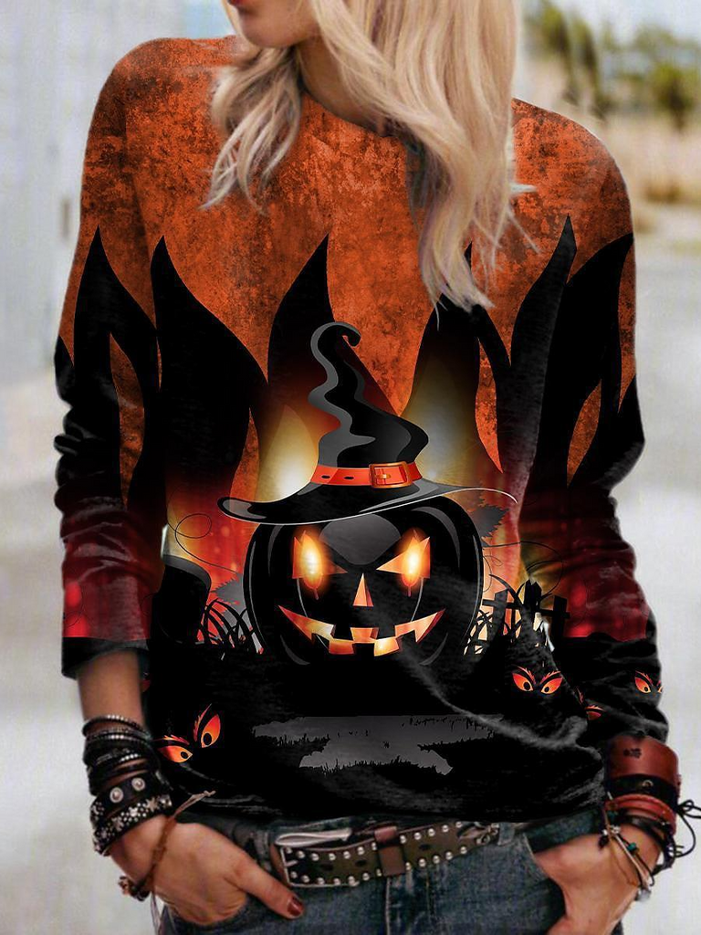 Fashion Crew Neck Long Sleeve Halloween Casual Regular T-Shirt