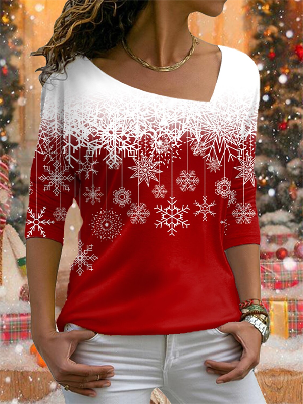 Fashion Long Sleeve Asymmetrical Christmas Loose Regular T-Shirt
