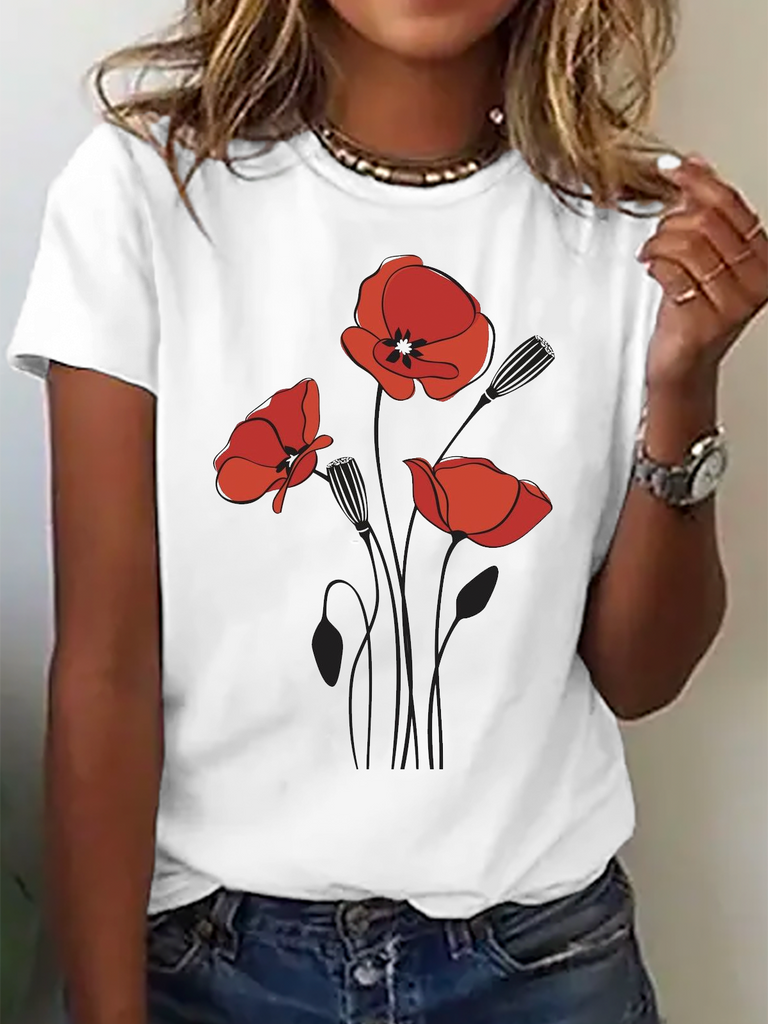 Casual Short Sleeve Crew Neck Floral Fashion Regular T-Shirt