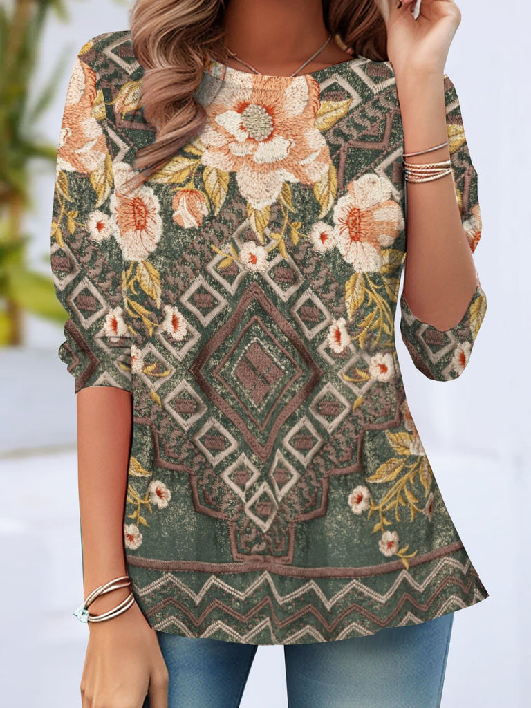 Fashion Crew Neck Long Sleeve Floral Casual Regular T-Shirt